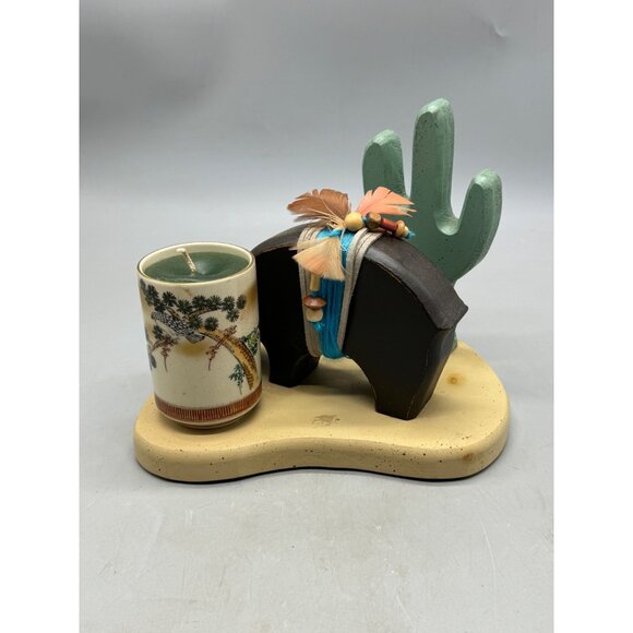 Southwestern-Themed Candle Holder With Cactus & Buffalo Design On Wooden Base - Picture 2 of 7